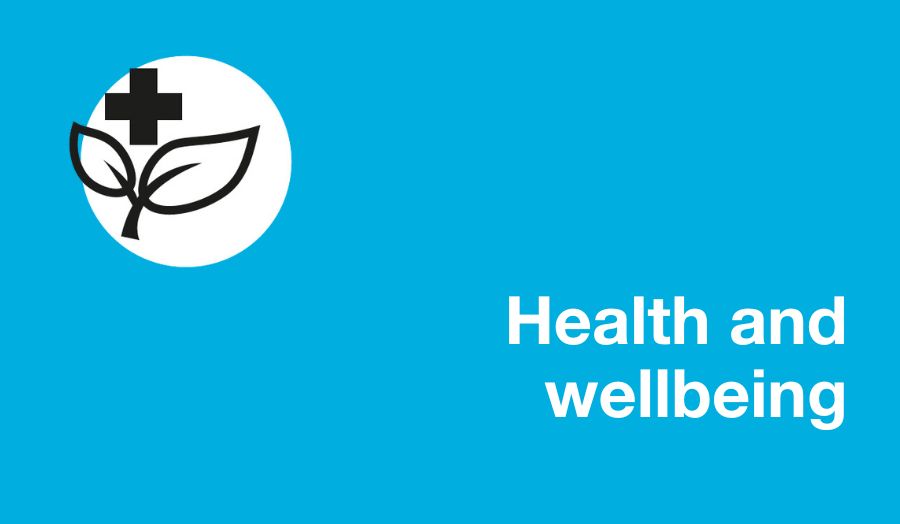 Health and wellbeing text on blue background with logo