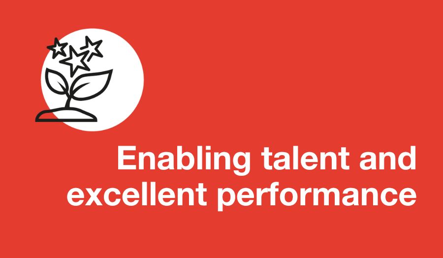 Enabling talent and excellent performance text on red background with logo