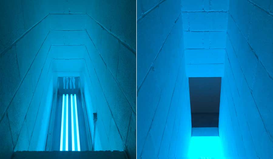 2 images next to each other,  both of a narrow space like a staircase lit up by blue light