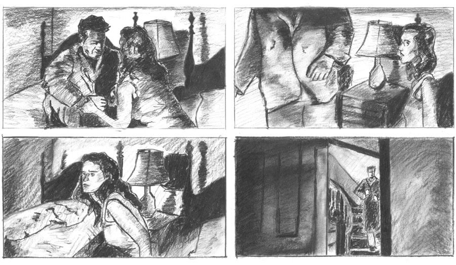 002 Film noir storyboard exercise, charcoal drawing by John Taber