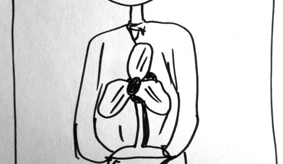 Cartoon style rough sketch of person holding flower in pot