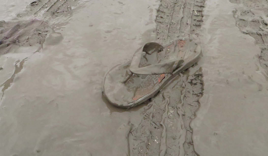 Lost flip-flop in a muddy path