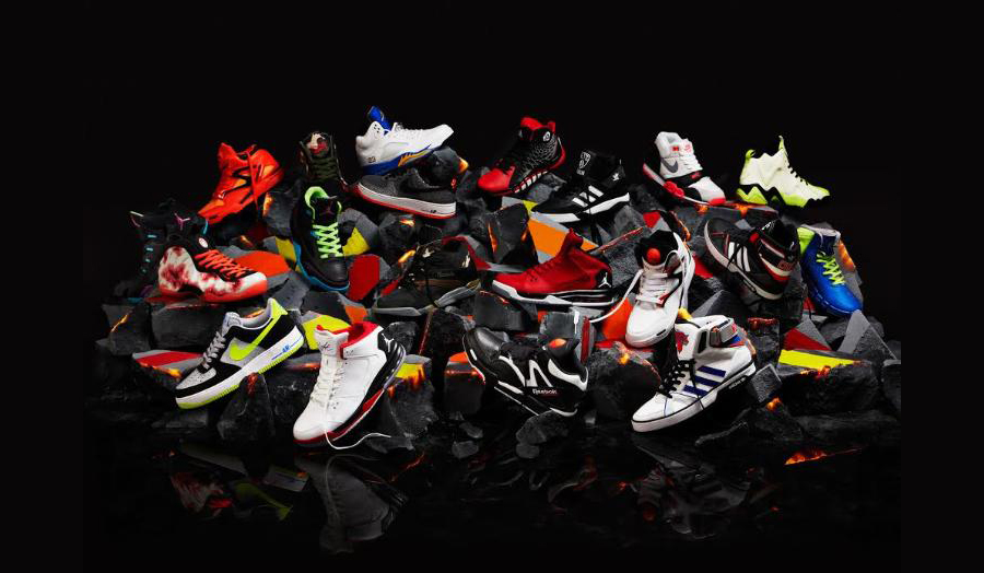 Image of trainers suspended in a black room