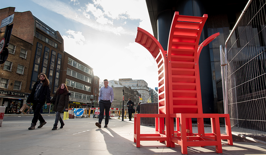 Image of chairs designed by student on road in London