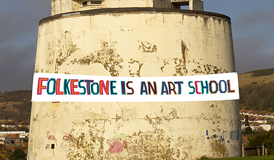 Image of MArtello tower with banner to promote project for Folkestone Triennial led by BobandRoberta Smith