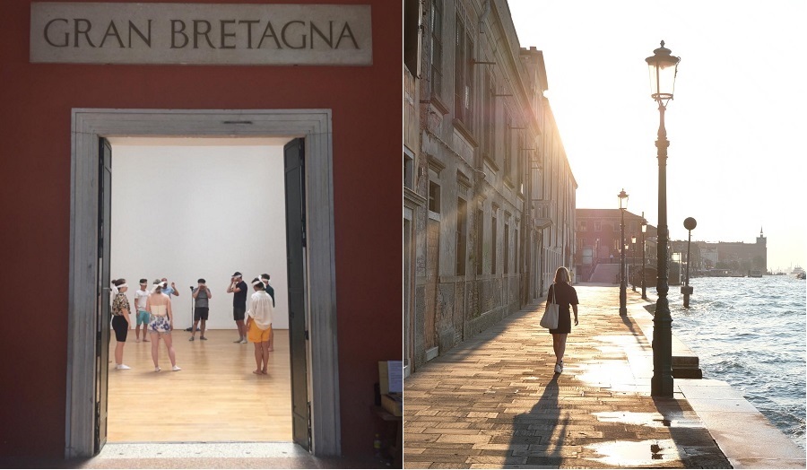 an image of a group in blindfolds through a doorway and an image of a woman walking in venice at sunset