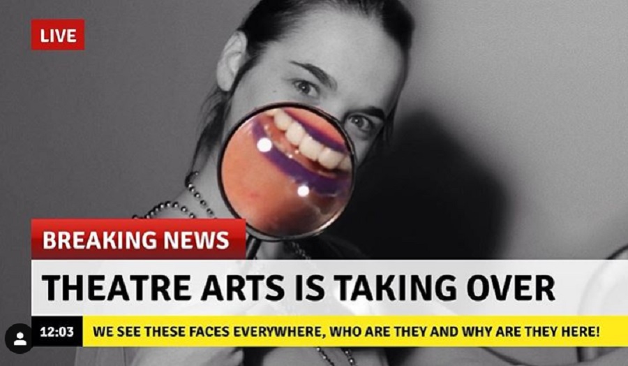 woman's face on tv news with caption theatre arts is taking over