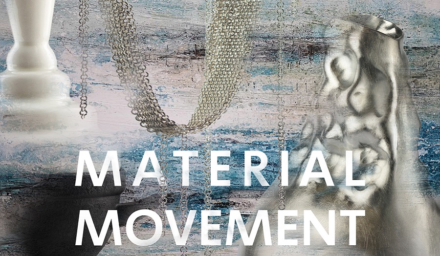 the words 'material movement' over abstract collage