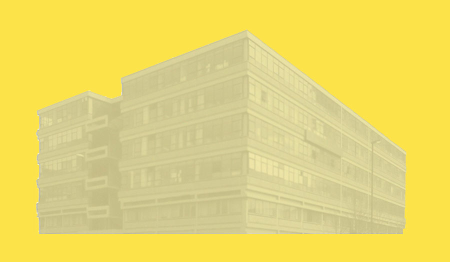 Drawing of the old The Cass building in Aldgate High Street on yellow back ground