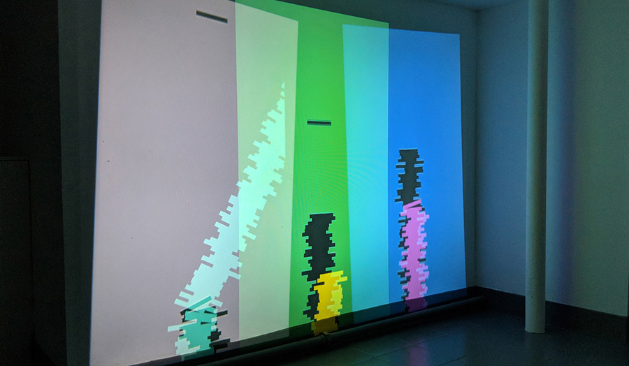 Coloured light strips projected to the wall