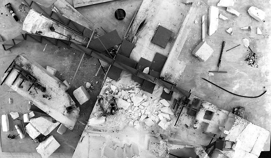 An aerial view of scattered architectural materials
