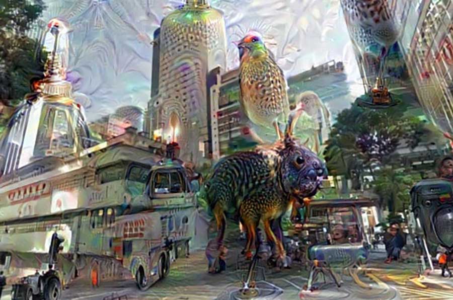 A fantasy illustration of an urban street scene mixed with imaginary animal creatures