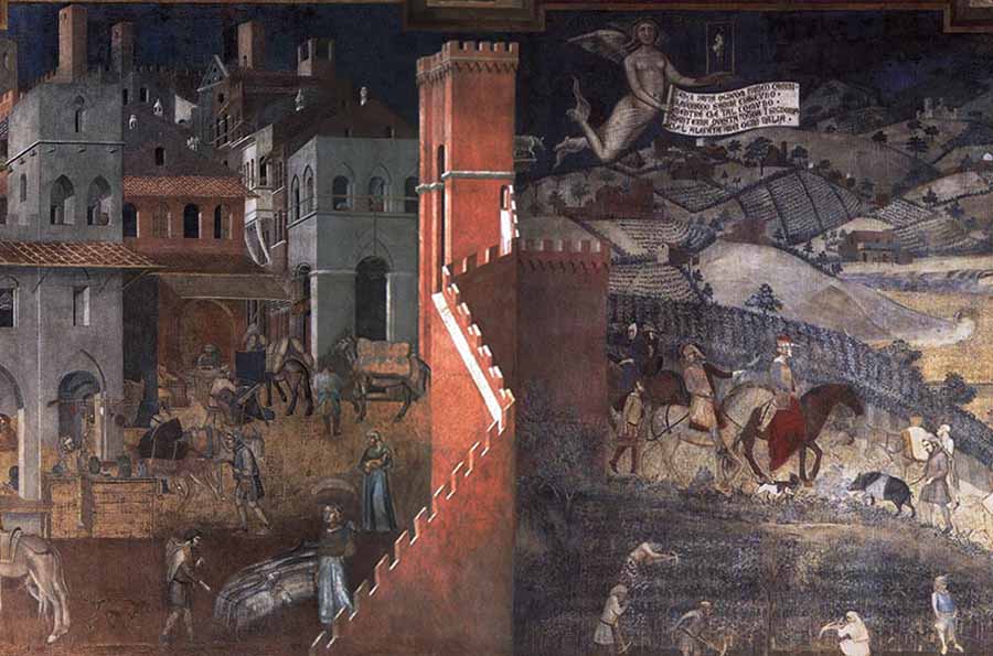 Medieval street scene depicting food in urban life