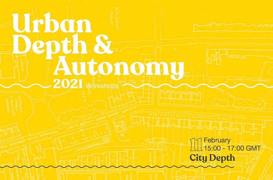 A poster announcing the event with a faded white line drawing of a city map on yellow background