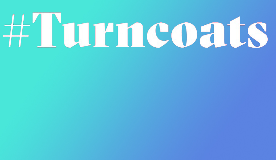 The word turncoats over a blue green gradient background.