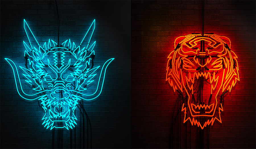 neon tiger and dragon