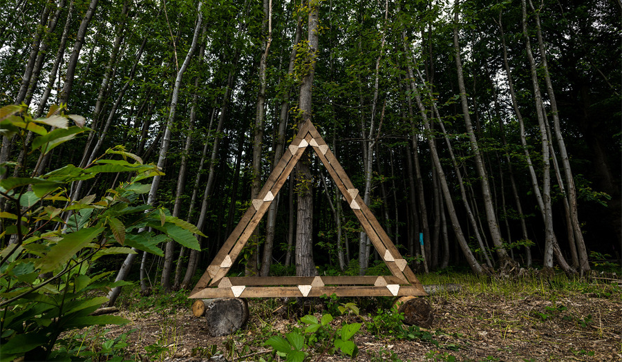 A triangular wooden structure erected in a forest.