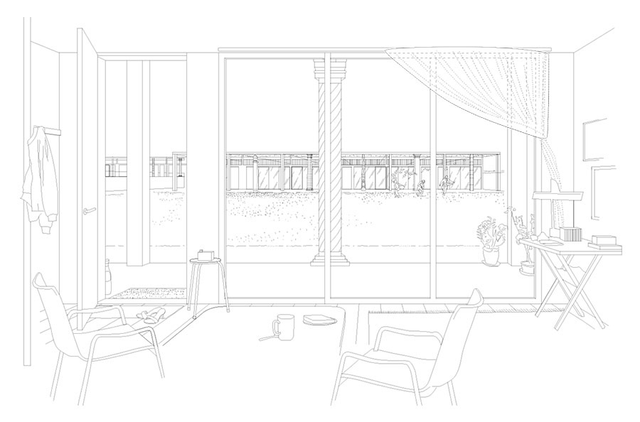 Line drawing of a living room with a view out to a shared garden