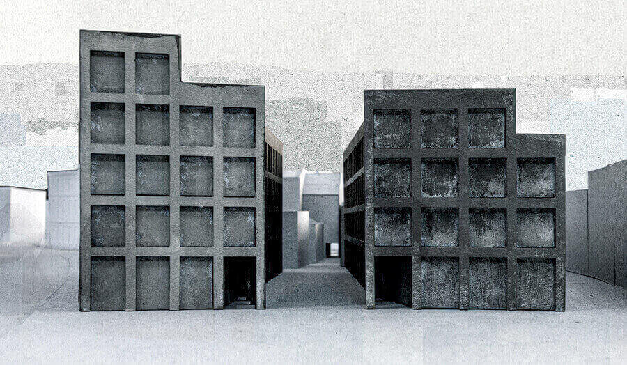 A monochromatic illustration of two block buildings standing side by side.