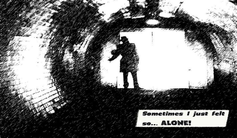 Comic style drawing of man in fedora inside tunnel