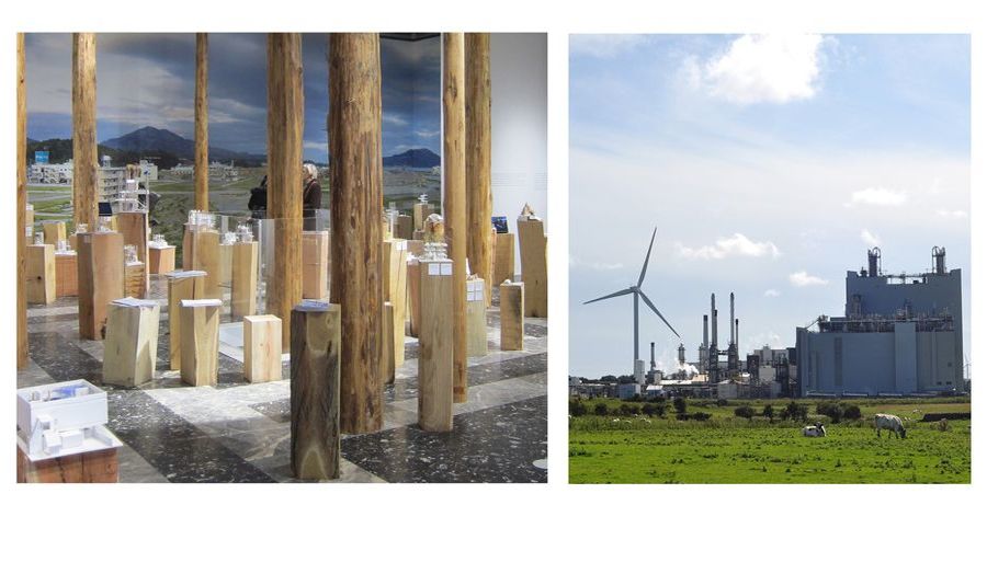 Two images, one of a Japanese Pavilion model, and the other of a wind turbine/industrial buildings