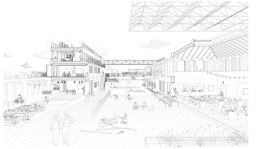 Sketch of an urban environment and community centre, with people enjoying the space