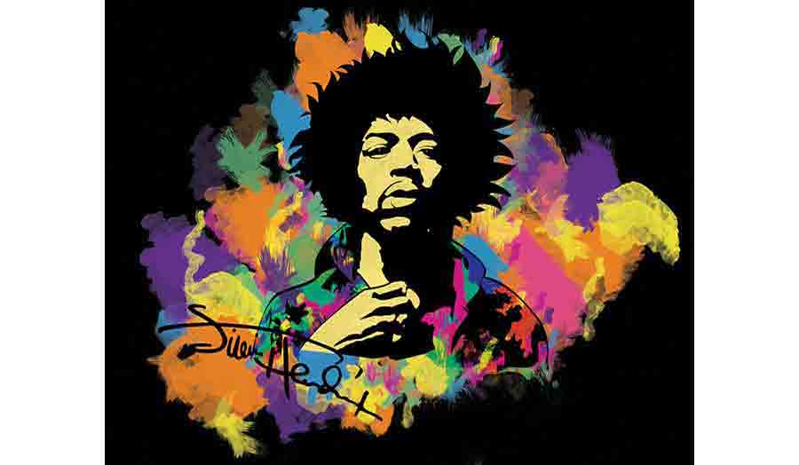 Multi-coloured image of famous musician Jimi Hendrix.