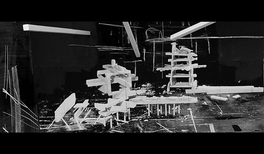 An architectural model that shows buildings in ruins