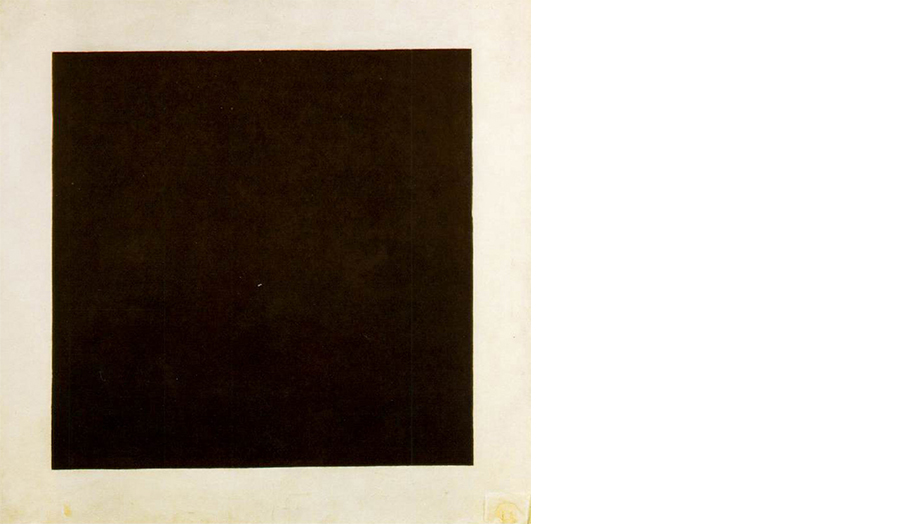 Artwork of a black square on a plain background, entitled Black Square, by Kazimir Malevich, 1915