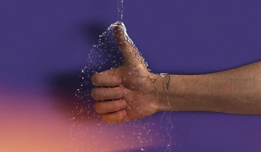 Image of water falling onto a man's thumbs-up hand, entitled Even Pricks (2013), Ed Atkins.