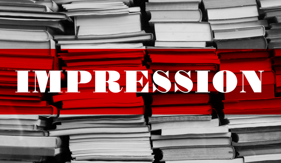 Image of books with the word 'Impression' running across the centre of the image.