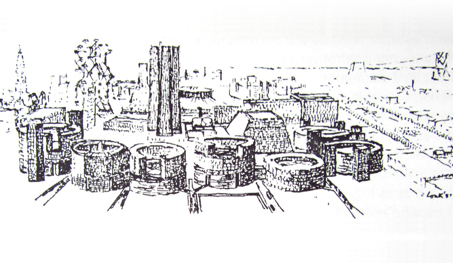 Line drawing by architect Louis Kahn showing original plans for Philadelphia cityscape