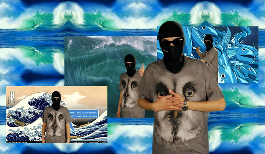 Artwork entitled Liquidity involving waves and a balaclava-clad person