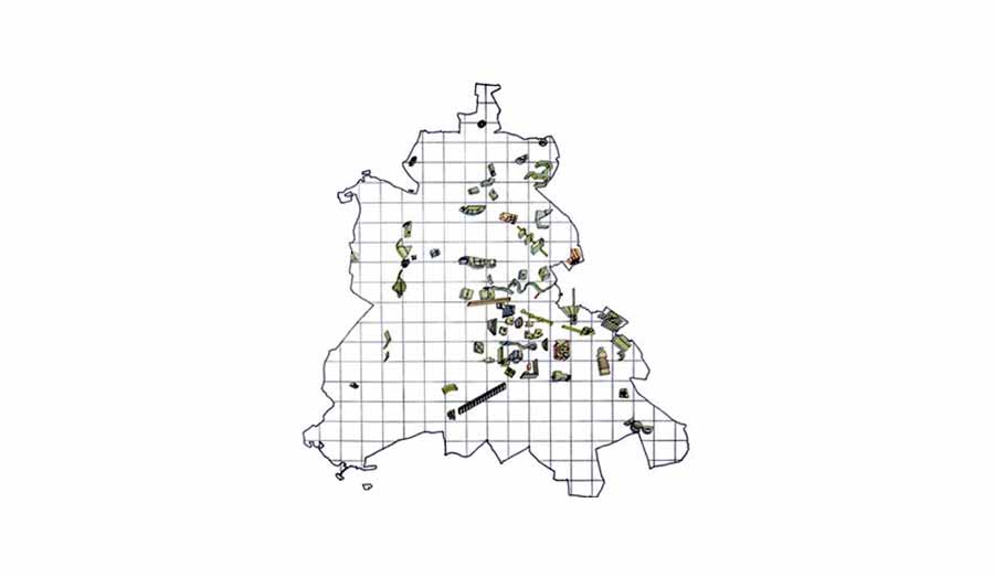 Gridded map diagram with scattered objects