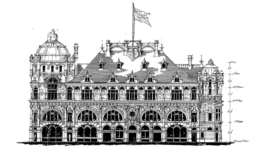 Line drawing of side elevation of the Elephant and Castle Public House by John Farrer, 1897