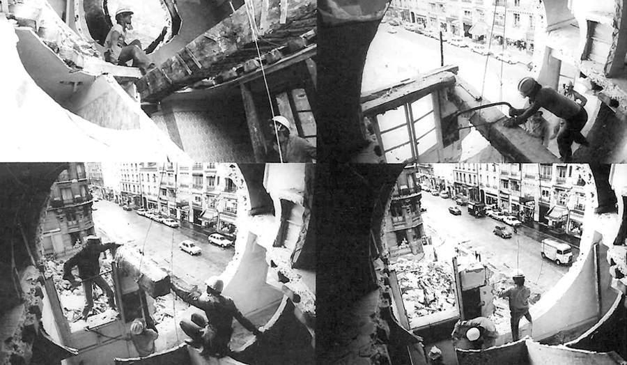 4 images of construction site with circular hole in wall Gordon Matta Clark – Conical Intersect