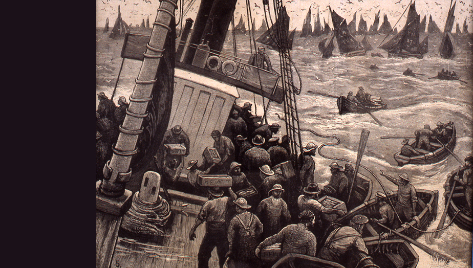 Sailors on a fishing boat in rough sea surrounded by other boats