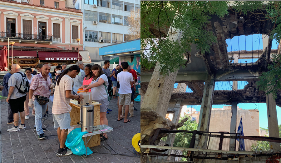 Students, refugees and volunteers sharing conversation over tea in Athens Central Market square (left); Abandoned construction of a typical concrete frame polykatoikia (multi-residence building) (right), Athens, 2019