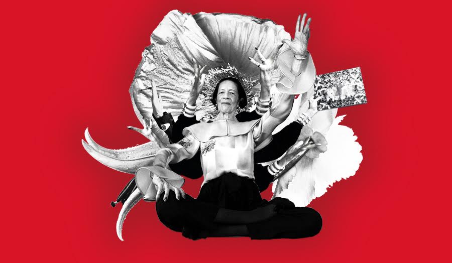 Collage of Diana Vreeland with multiple arms in middle of large flower with crimson background