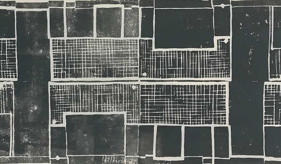Black and white etching of gridded blocks in different scales