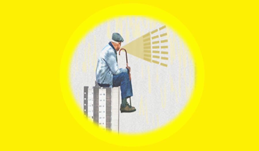 man sitting on tower block with stick in white circle on yellow background