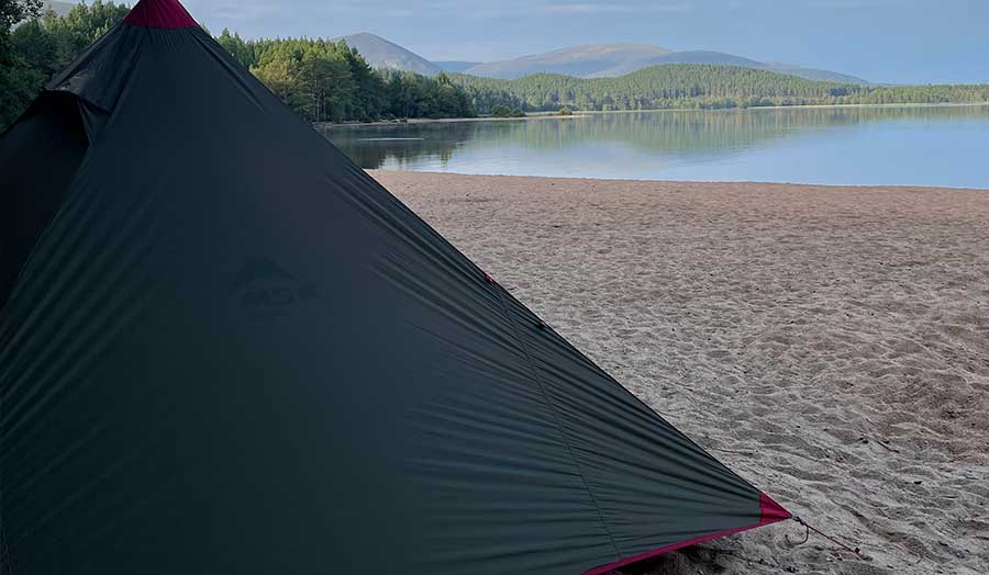 High-tech tent on the shore of a Scottish Loch
