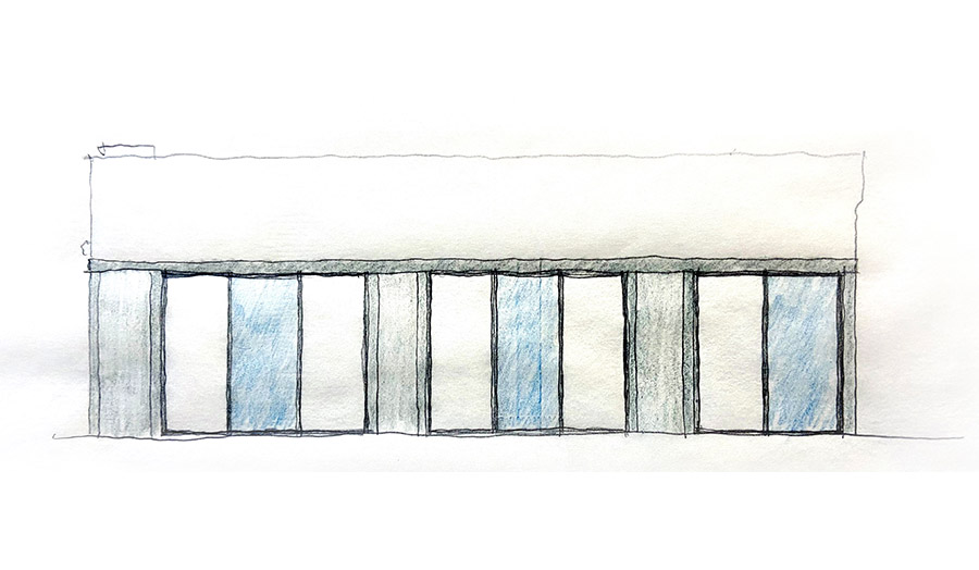 Wobbly line drawing of window arrangement with some panels shaded blue