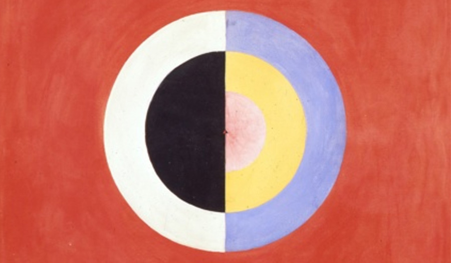 Abstract painting by Hilma af Klint; a spherical ‘bullseye’ shape on a red background