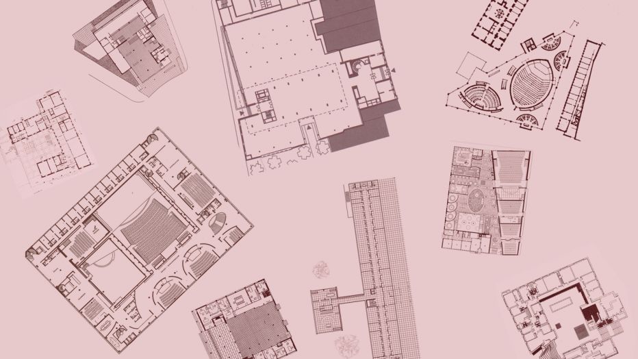 Image: multiple floor plans on pink background