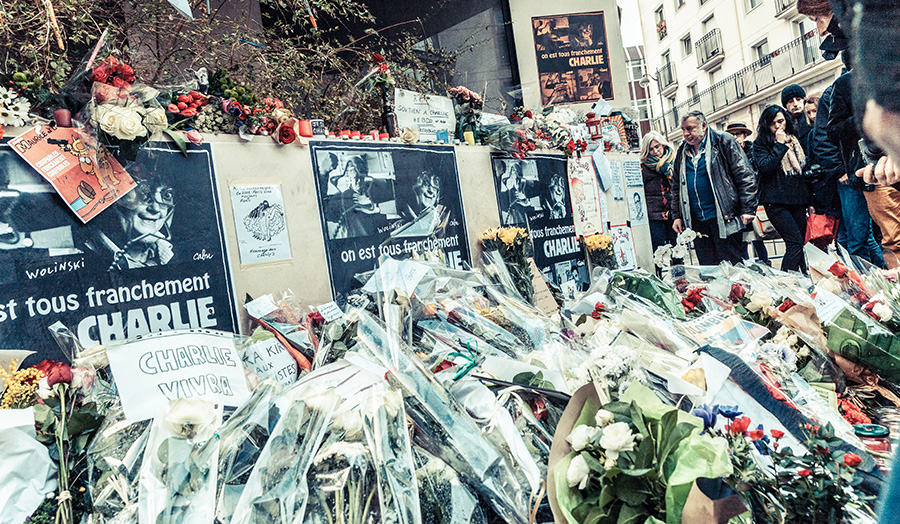 Flowers laid a the site of the 2015 Paris Attacks