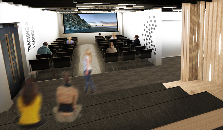 An artist's impression showing a contemporary lecture space with stepped seating and large screen