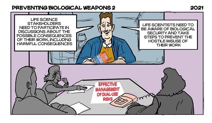 A cartoon where measures for the effective management of dual-use risks are put on the table