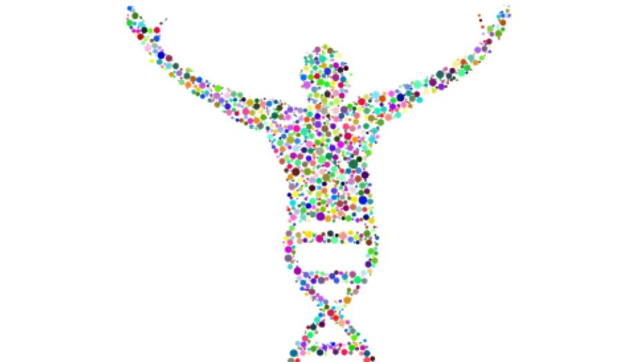 a figure of human with their hands up made of colourful dots
