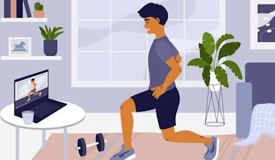 Drawing of a man exercising in front of the computer.